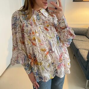 Aureta Long Sleeve Collared Floral Puffy Button up Shirt Blouse Yellow Multi S